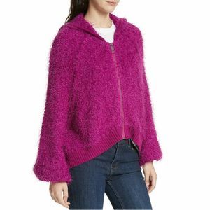 Free People Women’s Size M Furry Time Fuchsia Hooded Zip Jacket Fuzzy Boucle